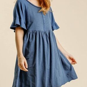 Umgee Blue Ruffle Sleeve Henley Babydoll Dress Size Medium boho